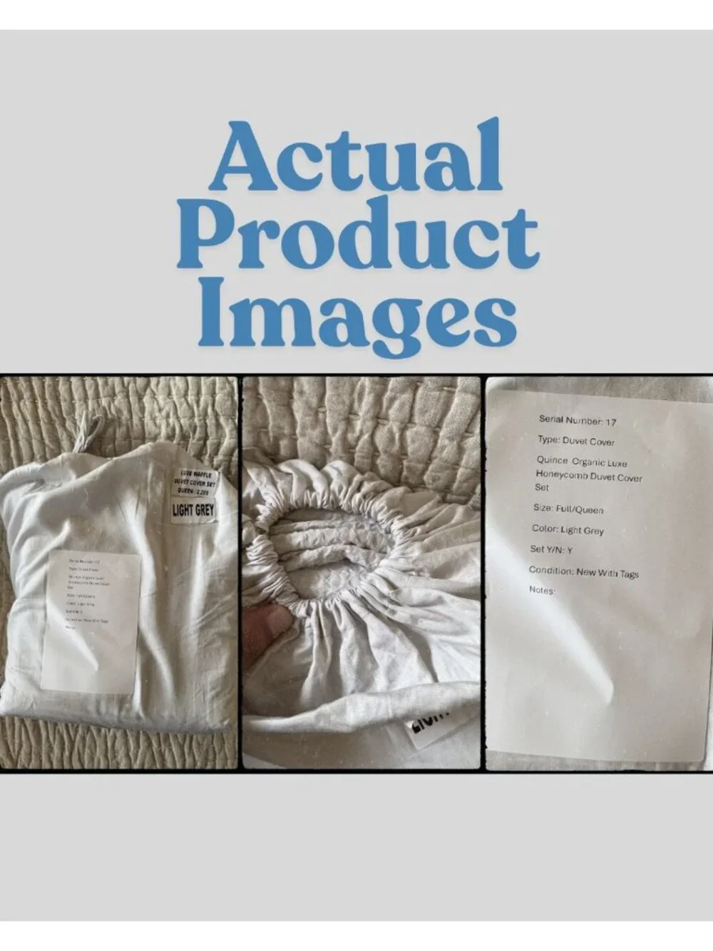 S17 | Quince Organic Luxe Honeycomb Duvet Cover Set Full Queen Light Grey NWT
